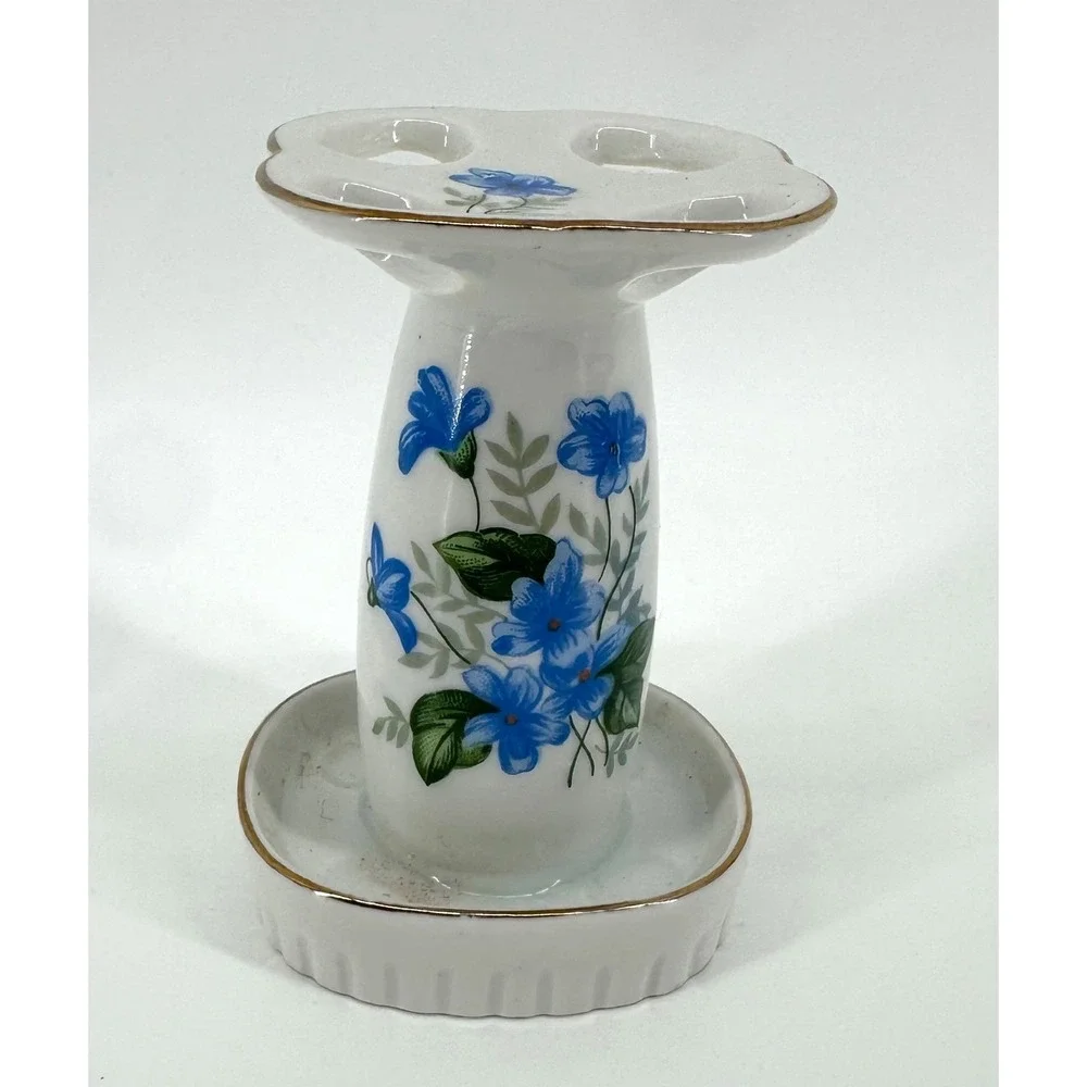 Vintage Ceramic Toothbrush Holder Blue Floral Gold Trim Made in Japan Vanity